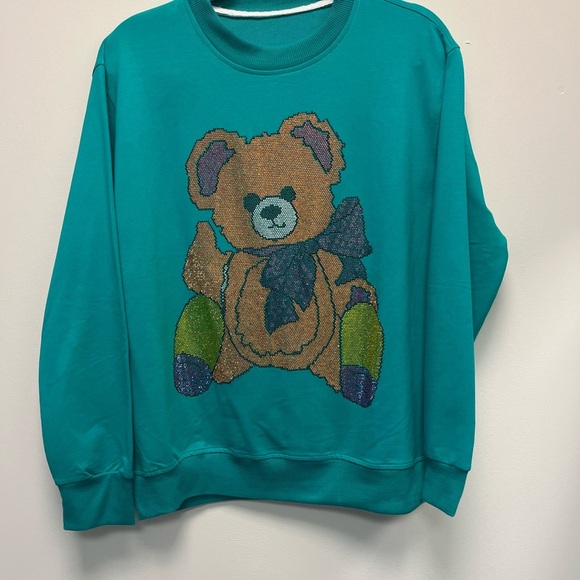 Sweaters - Teal Sweatshirt with Sequin Teddy Bear Design